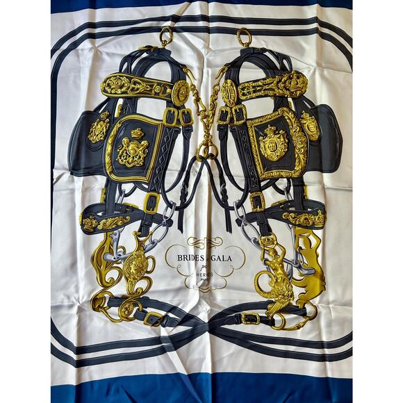 Vintage Hermès Brides de Gala Silk Scarf, Navy 35in x 35in with Original Box - Picture 4 of 7